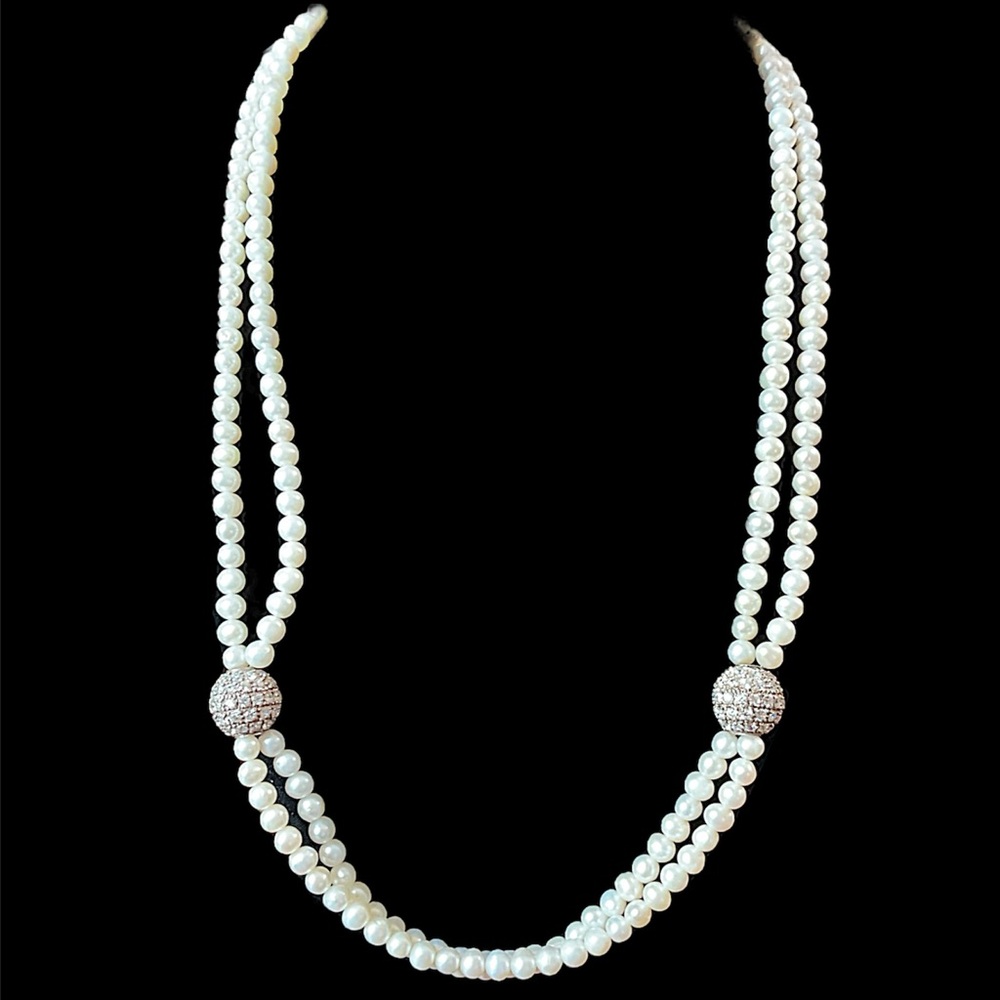 Sterling Silver Freshwater Pearl Rondelle CZ Vintage Necklace